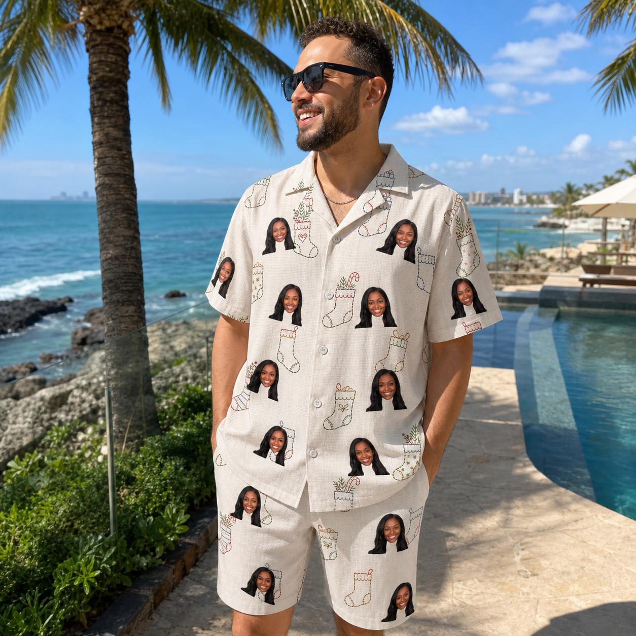 Real-life photo of someone wearing Men's Santa Satchels Custom Face Shirt & Shorts Set — custom faces printed all-over