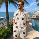 Real-life photo of someone wearing Men's Santa Satchels Custom Face Shirt & Shorts Set — custom faces printed all-over