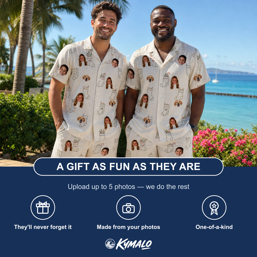 Friends in matching Men's Santa Satchels Custom Face Shirt & Shorts Set — a group gift photo
