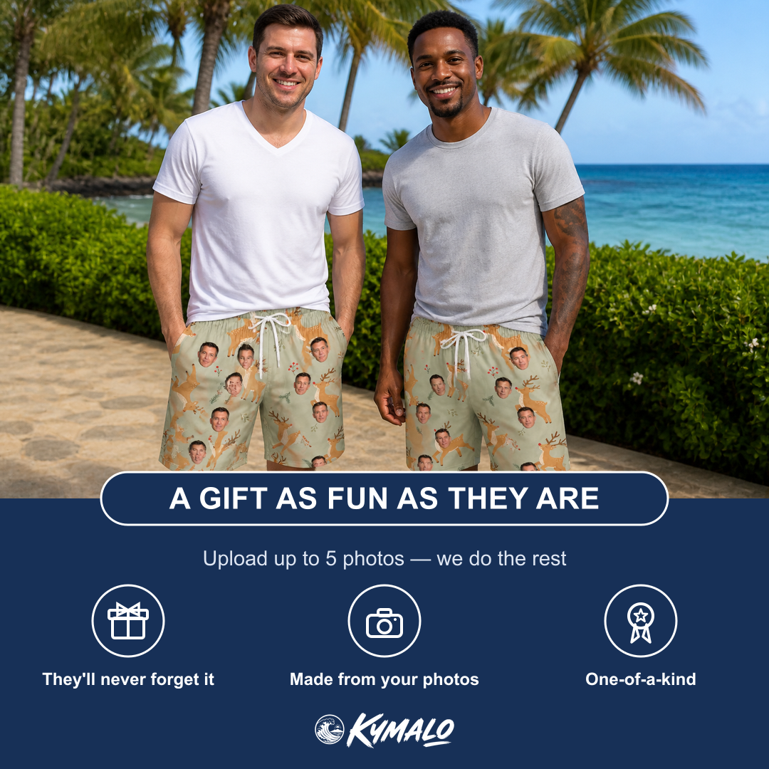 Friends in matching Men's Hoof Hootenanny Custom Face Beach Shorts — a group gift photo