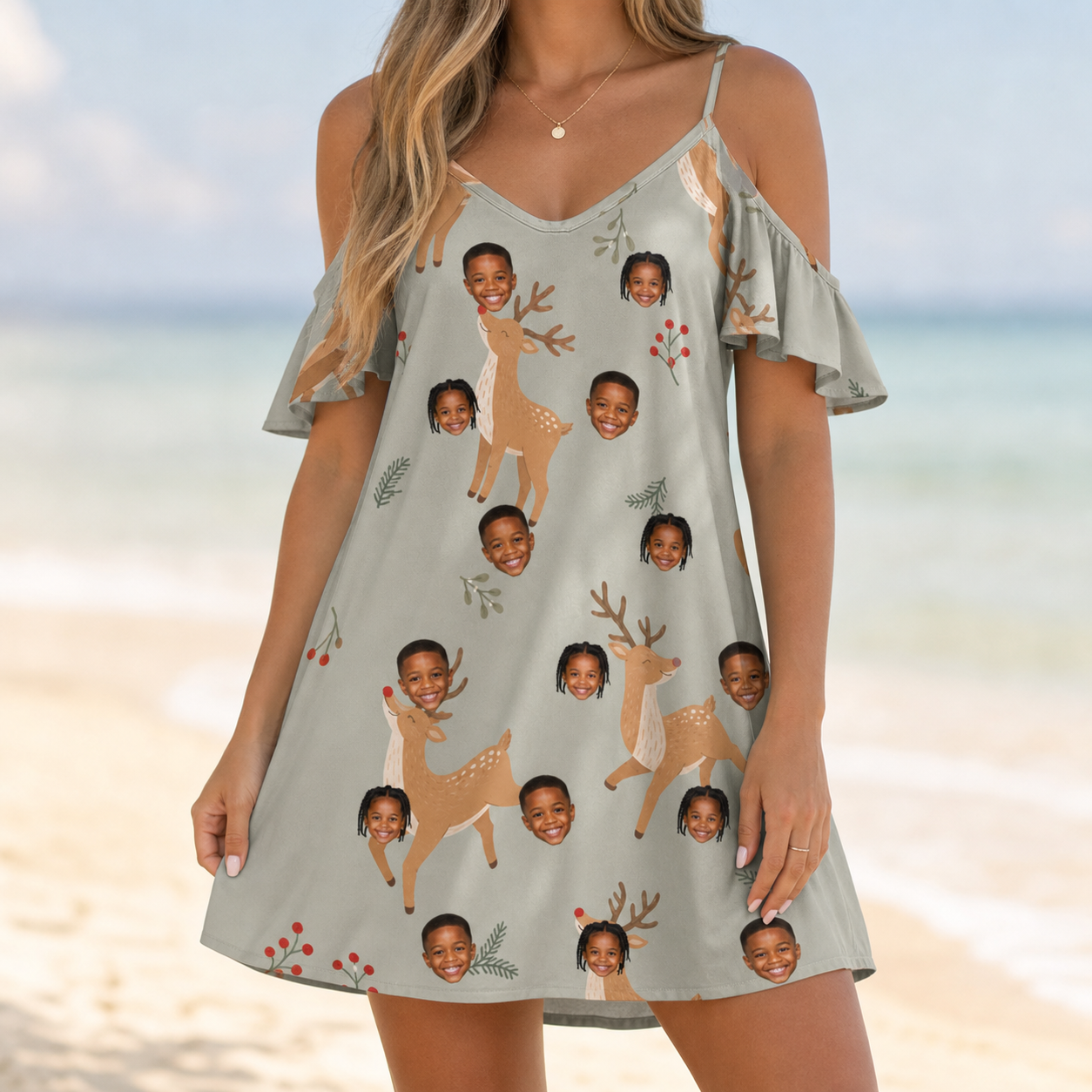 Model wearing Women's Hoof Hootenanny Custom Face Off-Shoulder Dress printed with kids' faces