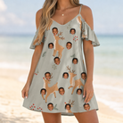 Model wearing Women's Hoof Hootenanny Custom Face Off-Shoulder Dress printed with kids' faces