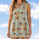 Model wearing Women's Hoof Hootenanny Custom Face V-Neck Dress printed with kids' faces