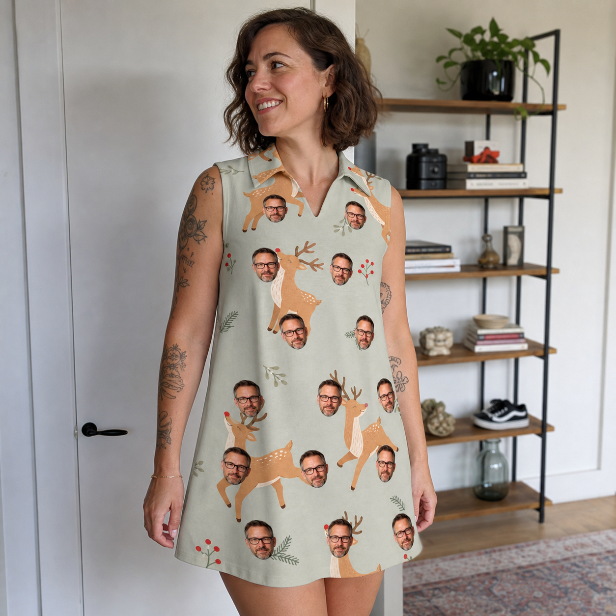 Real-life photo of someone wearing Women's Hoof Hootenanny Custom Face V-Neck Dress — custom faces printed all-over