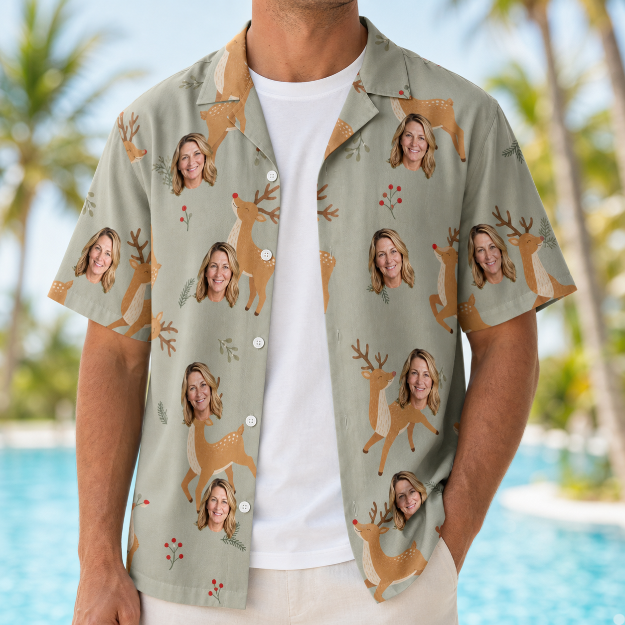Man wearing Men's Hoof Hootenanny Custom Face Hawaiian Shirt open over a white tee