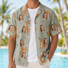 Man wearing Men's Hoof Hootenanny Custom Face Hawaiian Shirt open over a white tee
