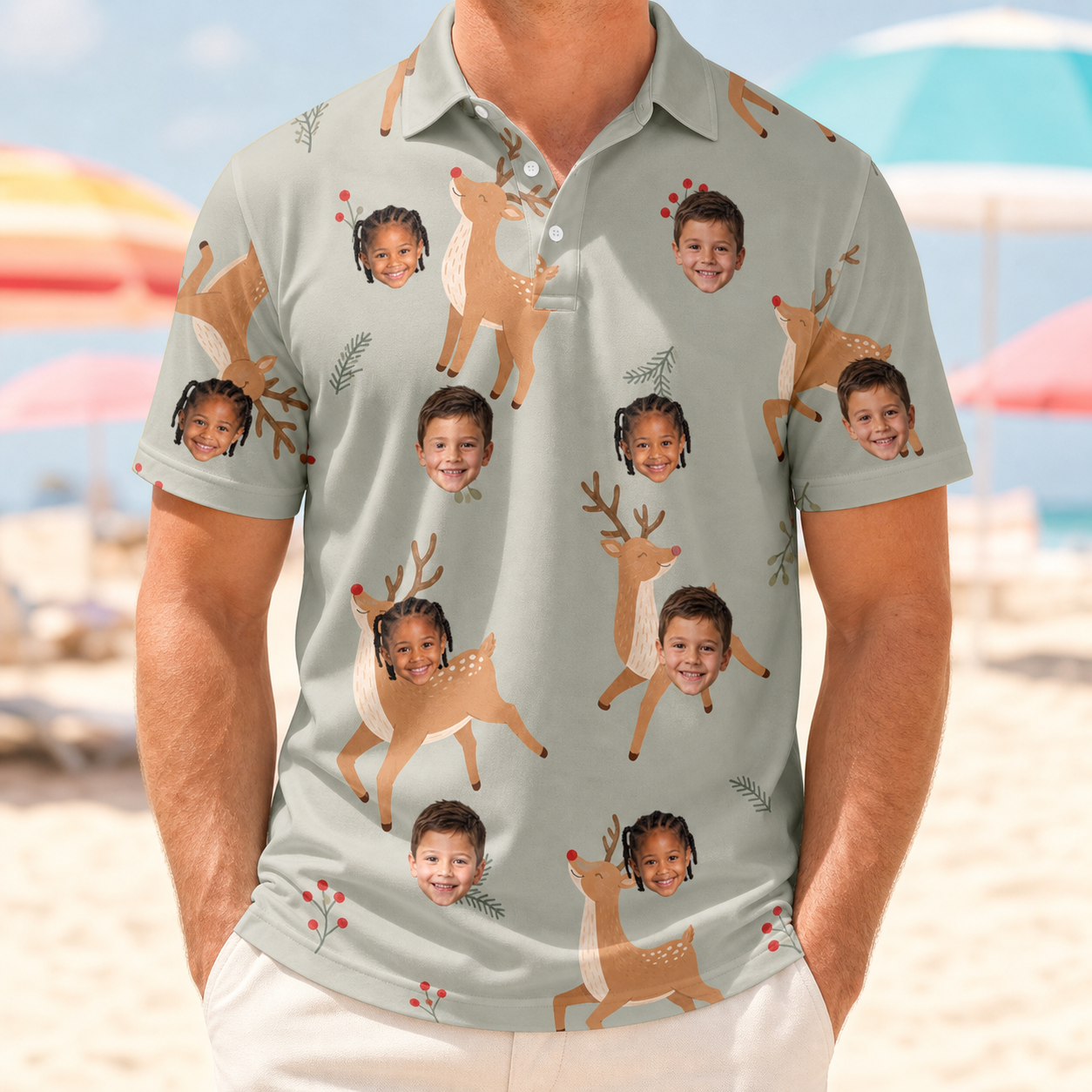 Model wearing Men's Hoof Hootenanny Custom Face Polo Shirt printed with kids' faces
