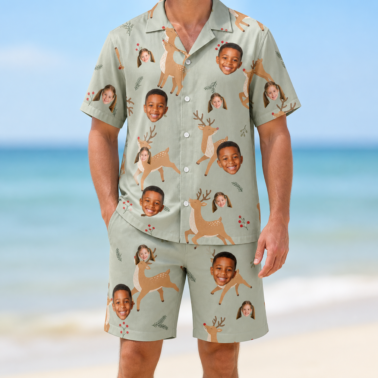 Model wearing Men's Hoof Hootenanny Custom Face Shirt & Shorts Set printed with kids' faces