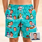 Man wearing Men's Button Blizzard Custom Face Beach Shorts — custom faces printed all-over