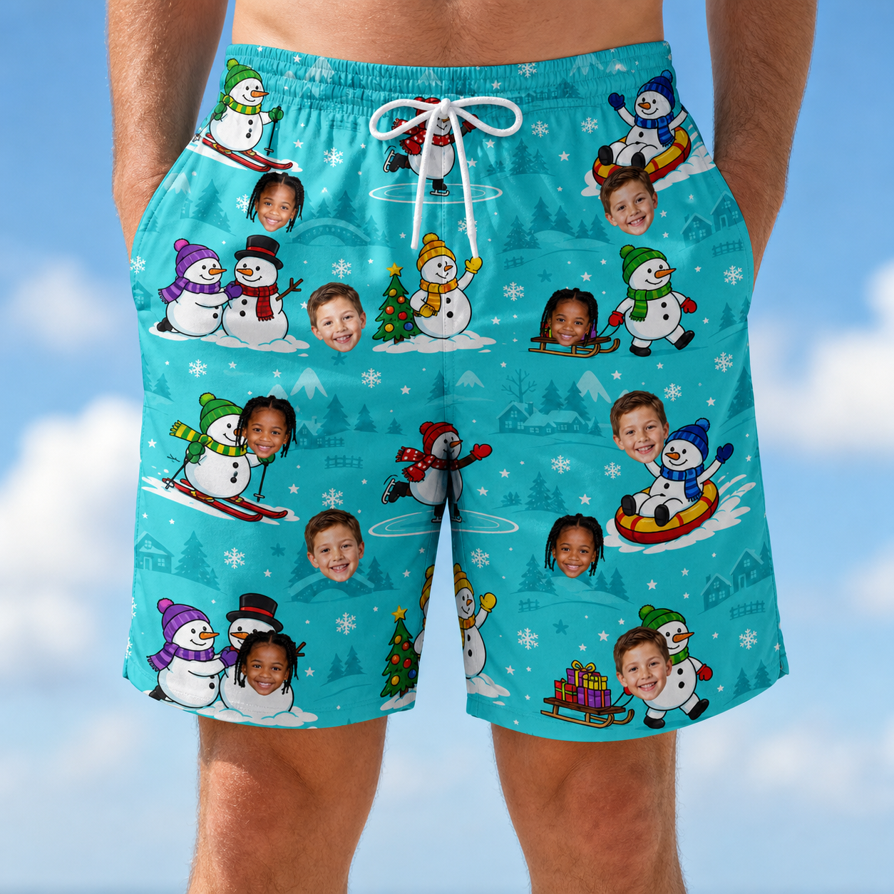 Model wearing Men's Button Blizzard Custom Face Beach Shorts printed with kids' faces