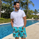 Real-life photo of someone wearing Men's Button Blizzard Custom Face Beach Shorts — custom faces printed all-over