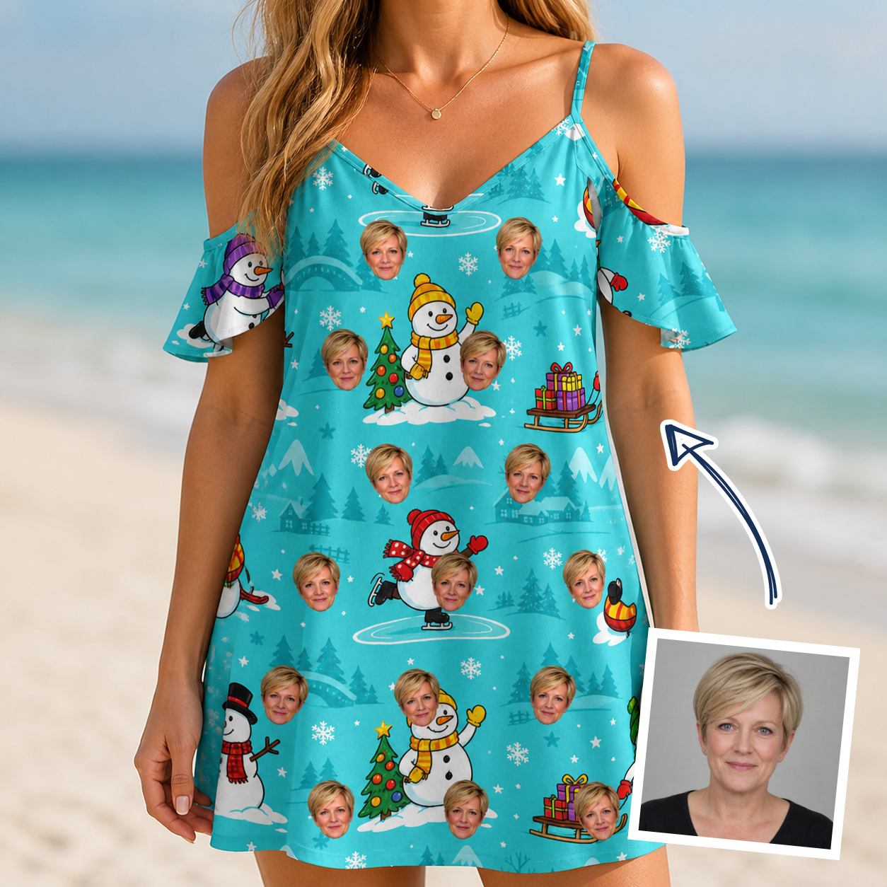 Woman wearing Women's Button Blizzard Custom Face Off-Shoulder Dress — custom faces printed all-over