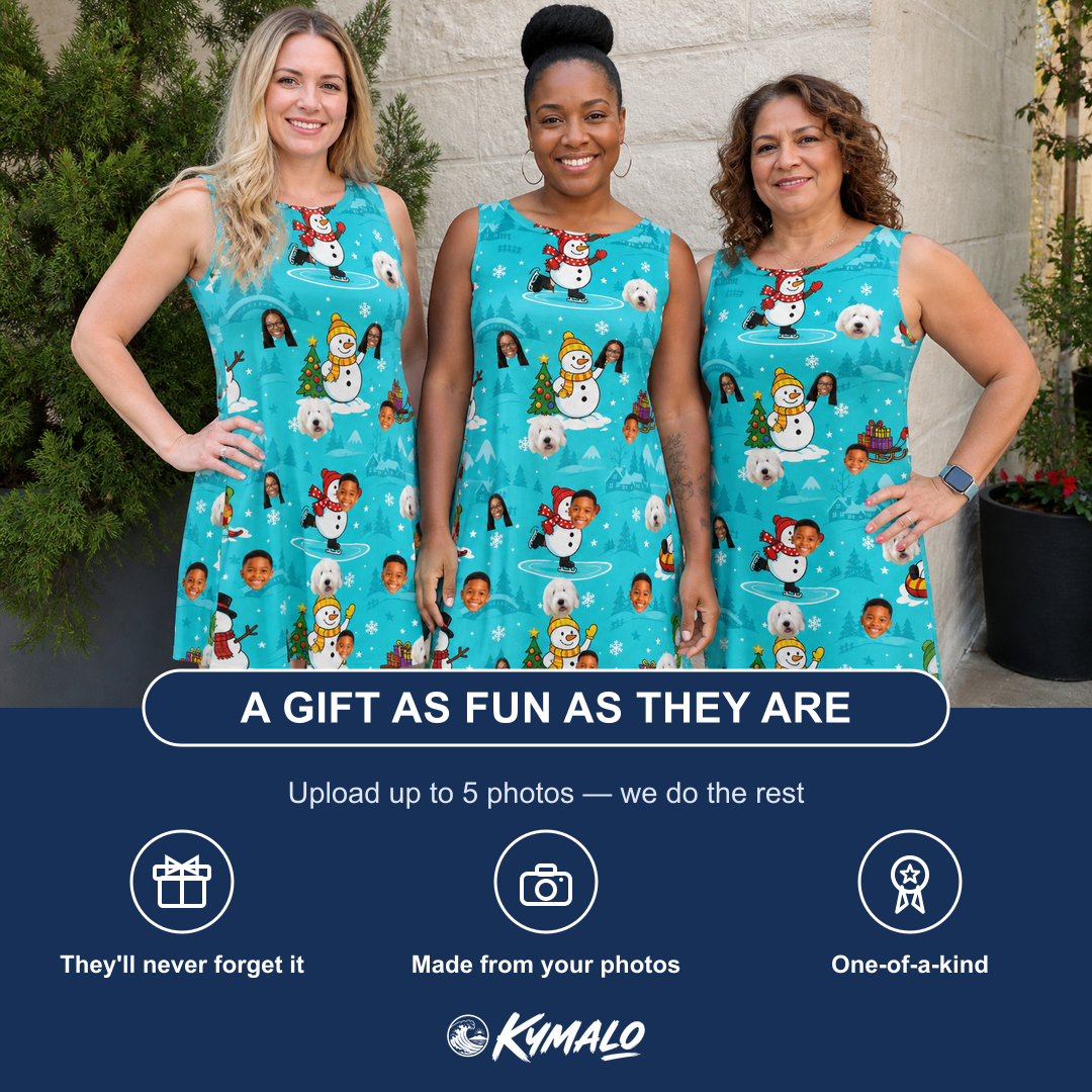 Friends in matching Women's Button Blizzard Custom Face Tank Dress — a group gift photo
