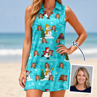 Woman wearing Women's Button Blizzard Custom Face V-Neck Dress — custom faces printed all-over