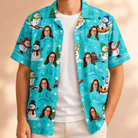 Man wearing Men's Button Blizzard Custom Face Hawaiian Shirt open over a white tee