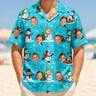 Model wearing Men's Button Blizzard Custom Face Hawaiian Shirt printed with kids' faces