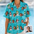 Woman wearing Women's Button Blizzard Custom Face Hawaiian Shirt — custom faces printed all-over