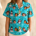 Model wearing Women's Button Blizzard Custom Face Hawaiian Shirt printed with kids' faces