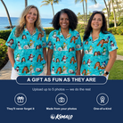 Friends in matching Women's Button Blizzard Custom Face Hawaiian Shirt — a group gift photo