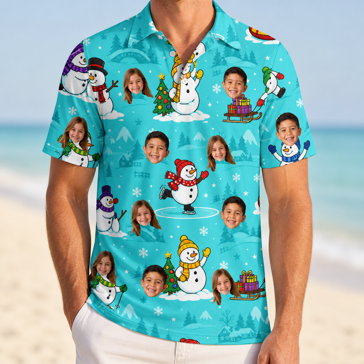 Model wearing Men's Button Blizzard Custom Face Polo Shirt printed with kids' faces