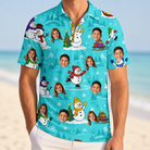 Model wearing Men's Button Blizzard Custom Face Polo Shirt printed with kids' faces
