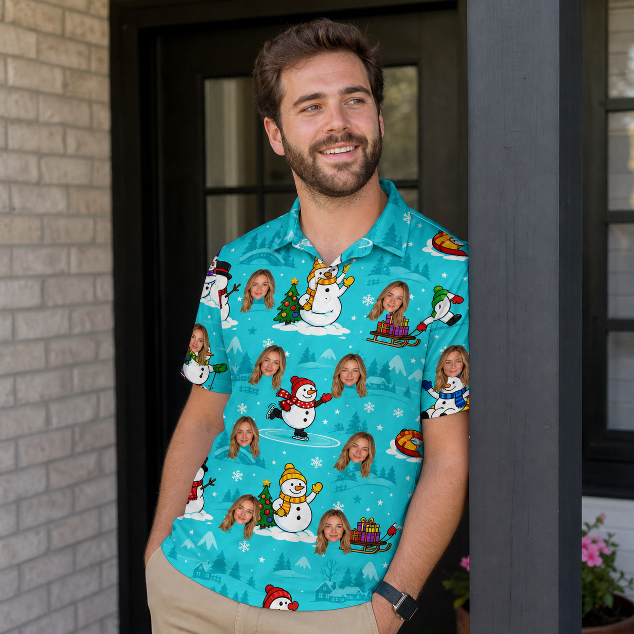 Real-life photo of someone wearing Men's Button Blizzard Custom Face Polo Shirt — custom faces printed all-over