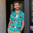 Real-life photo of someone wearing Men's Button Blizzard Custom Face Polo Shirt — custom faces printed all-over