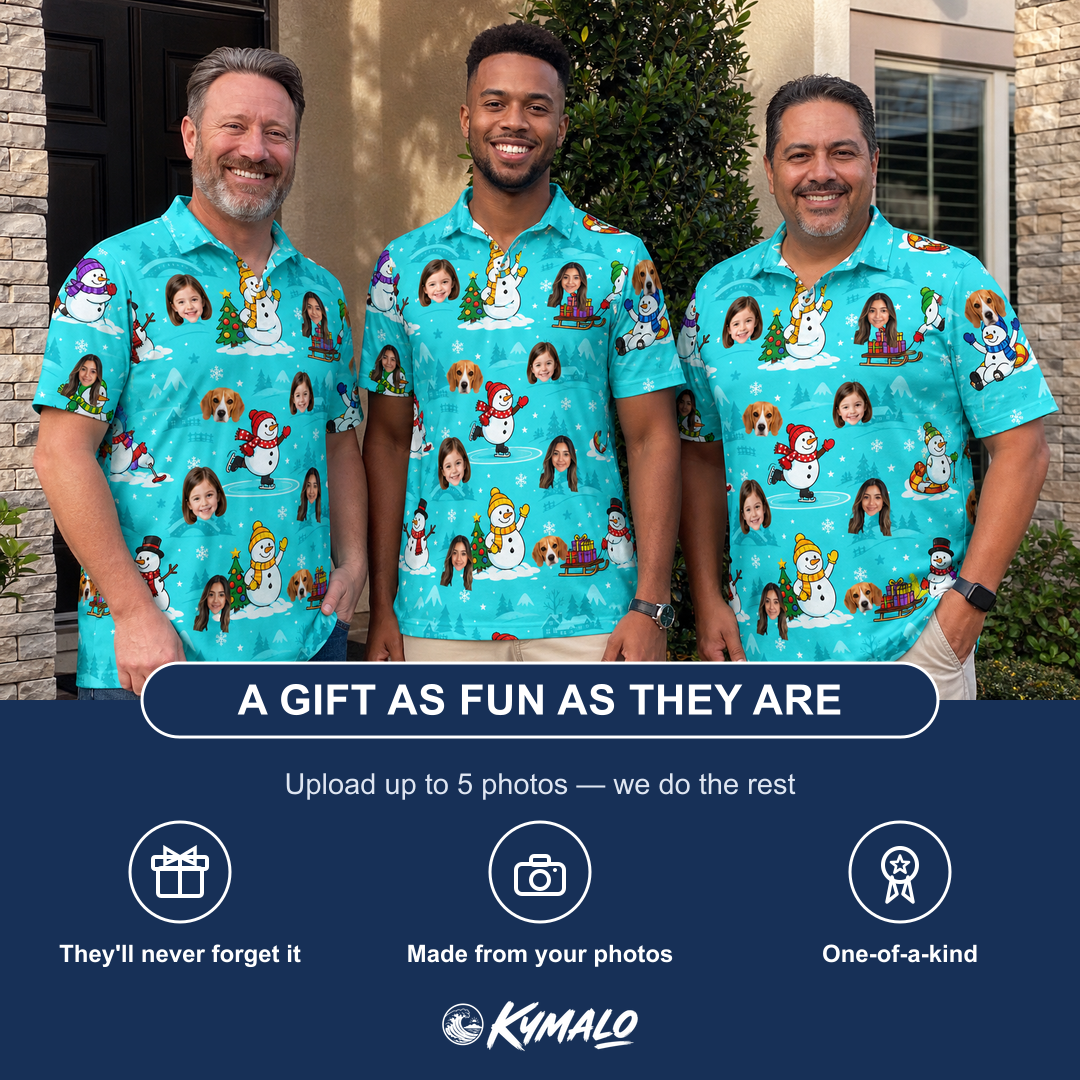 Friends in matching Men's Button Blizzard Custom Face Polo Shirt — a group gift photo