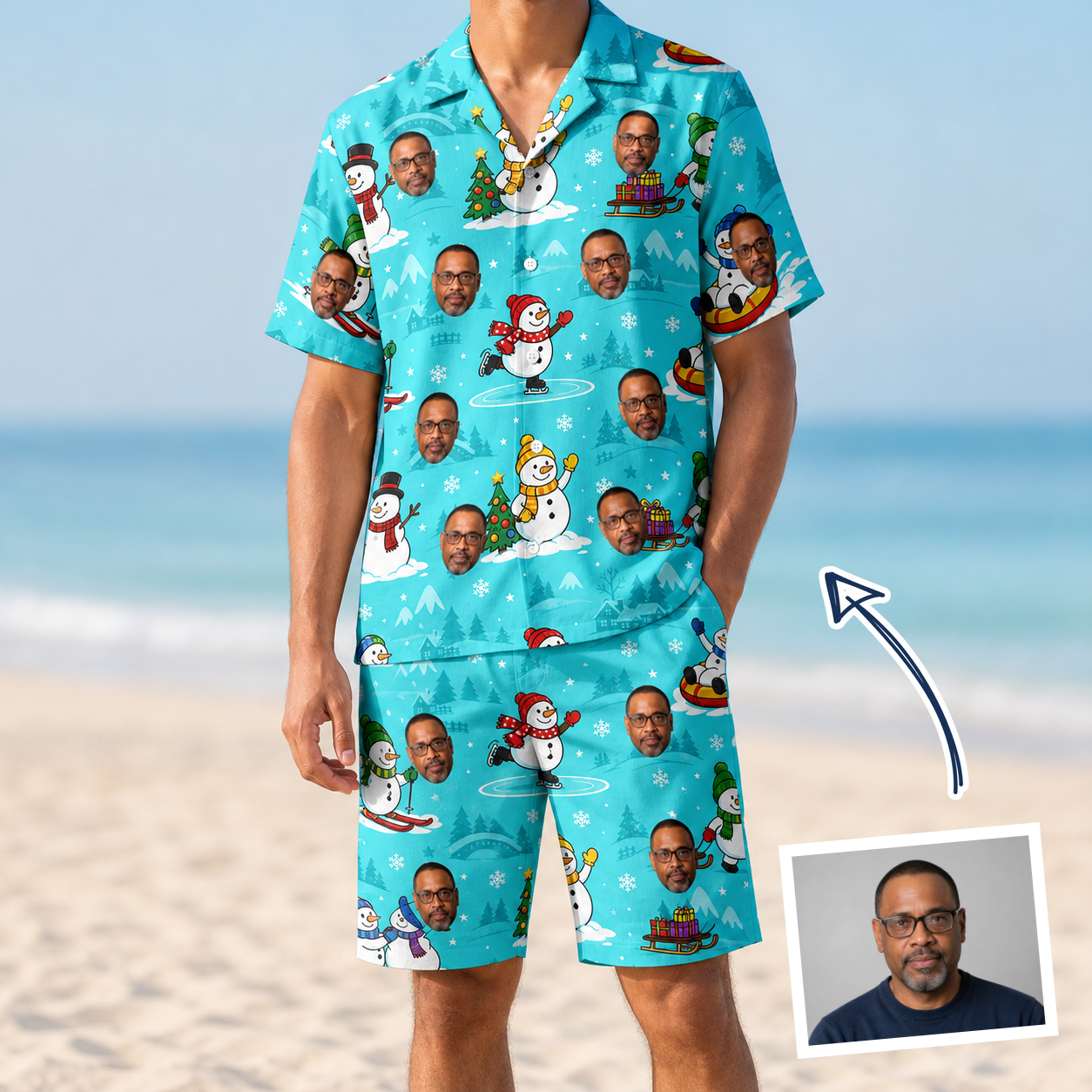 Man wearing Men's Button Blizzard Custom Face Shirt & Shorts Set — custom faces printed all-over