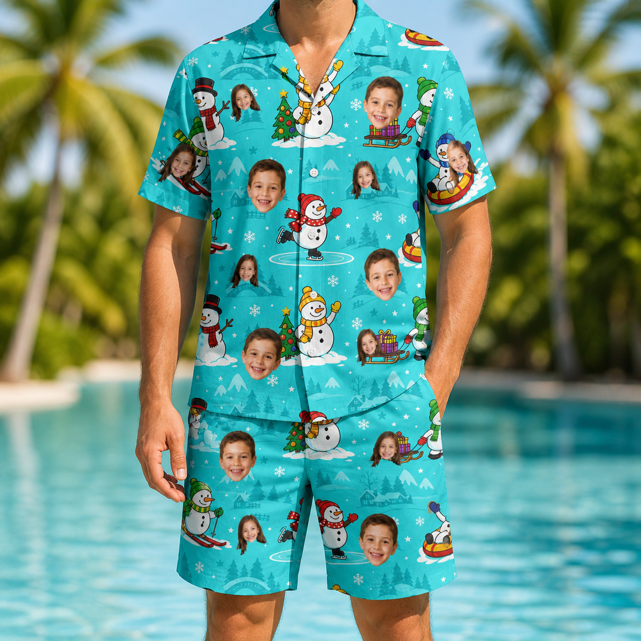 Model wearing Men's Button Blizzard Custom Face Shirt & Shorts Set printed with kids' faces