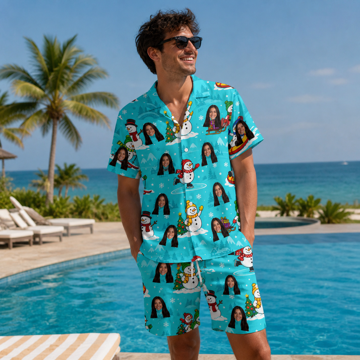 Real-life photo of someone wearing Men's Button Blizzard Custom Face Shirt & Shorts Set — custom faces printed all-over