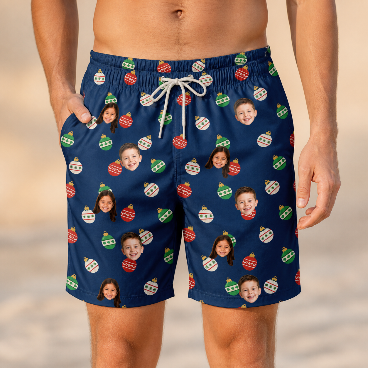 Model wearing Men's December Dangles Custom Face Beach Shorts printed with kids' faces