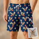 Man wearing Men's December Dangles Custom Cat Face Beach Shorts — custom faces printed all-over