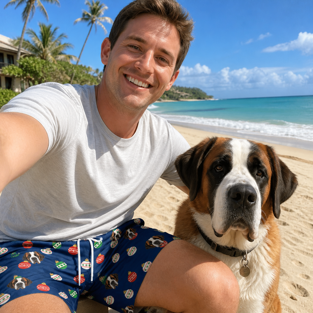 Selfie with the pet whose face is printed all over this Men's December Dangles Custom Dog Face Beach Shorts