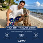 Friends in matching Men's December Dangles Custom Dog Face Beach Shorts — a group gift photo