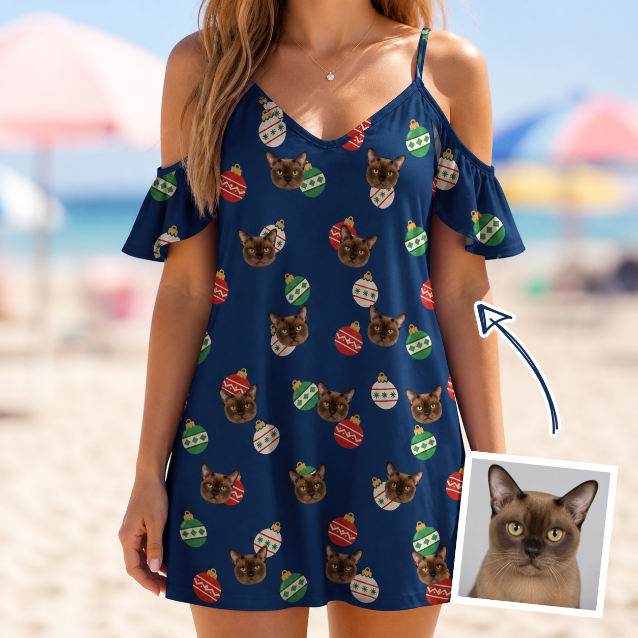 Woman wearing Women's December Dangles Custom Cat Face Off-Shoulder Dress — custom faces printed all-over