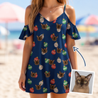 Woman wearing Women's December Dangles Custom Cat Face Off-Shoulder Dress — custom faces printed all-over