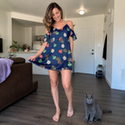 Full-length photo with the pet printed all over this Women's December Dangles Custom Cat Face Off-Shoulder Dress