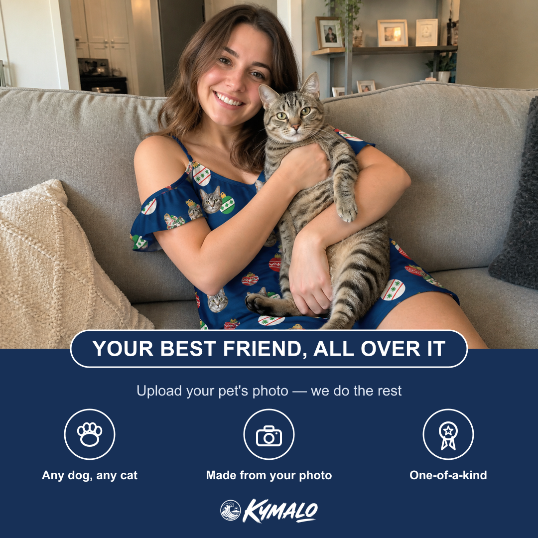 Friends in matching Women's December Dangles Custom Cat Face Off-Shoulder Dress — a group gift photo