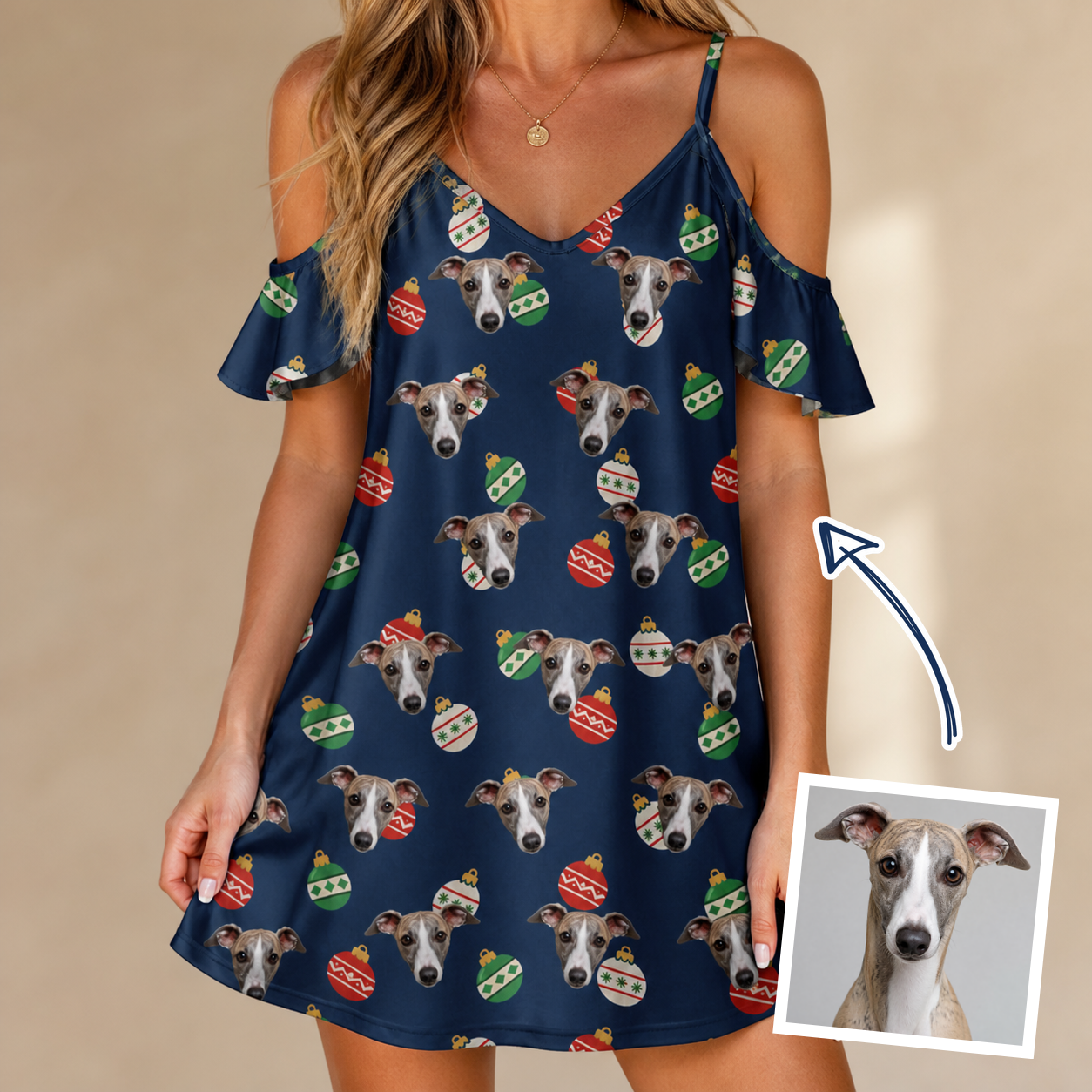 Woman wearing Women's December Dangles Custom Dog Face Off-Shoulder Dress — custom faces printed all-over