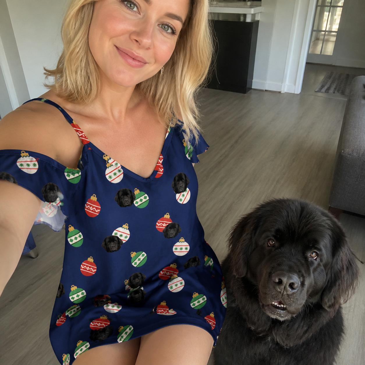 Selfie with the pet whose face is printed all over this Women's December Dangles Custom Dog Face Off-Shoulder Dress