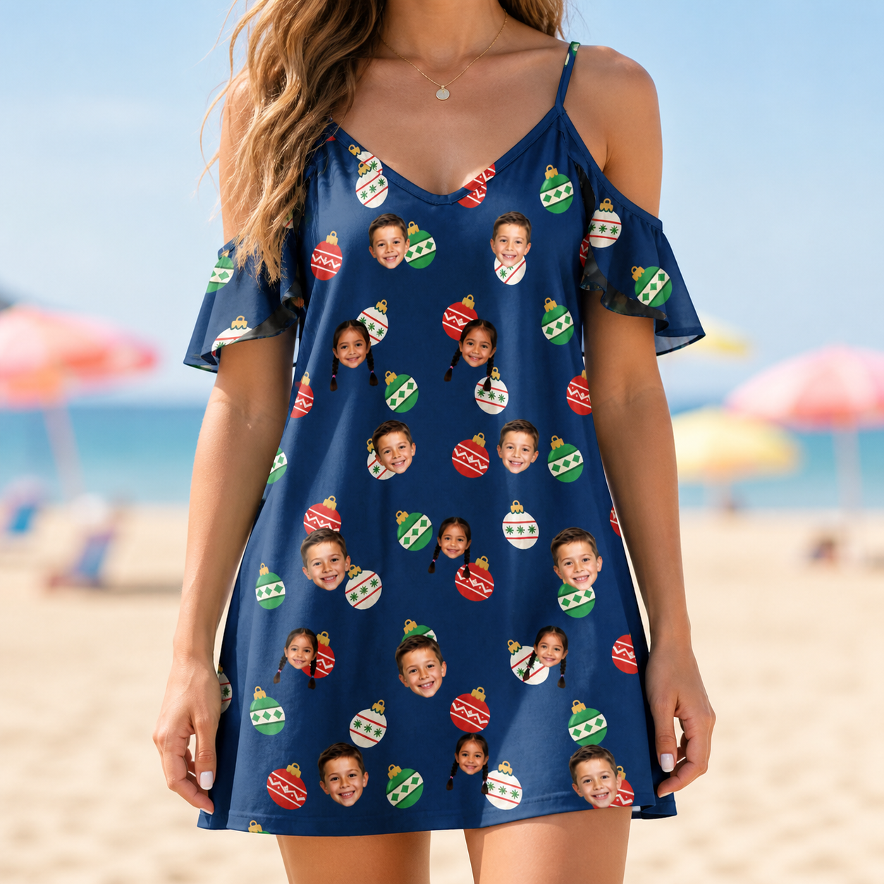 Model wearing Women's December Dangles Custom Face Off-Shoulder Dress printed with kids' faces