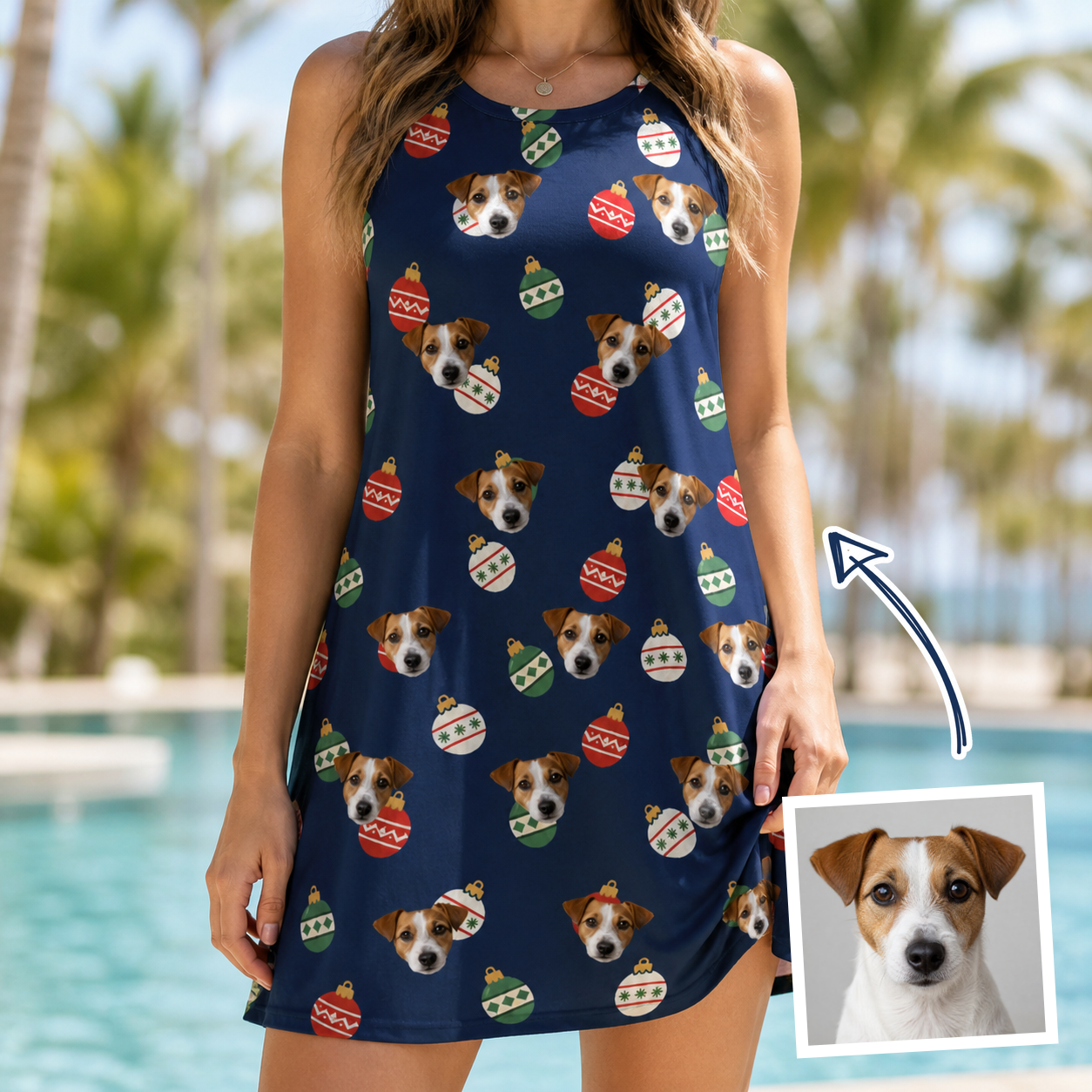 Woman wearing Women's December Dangles Custom Dog Face Tank Dress — custom faces printed all-over
