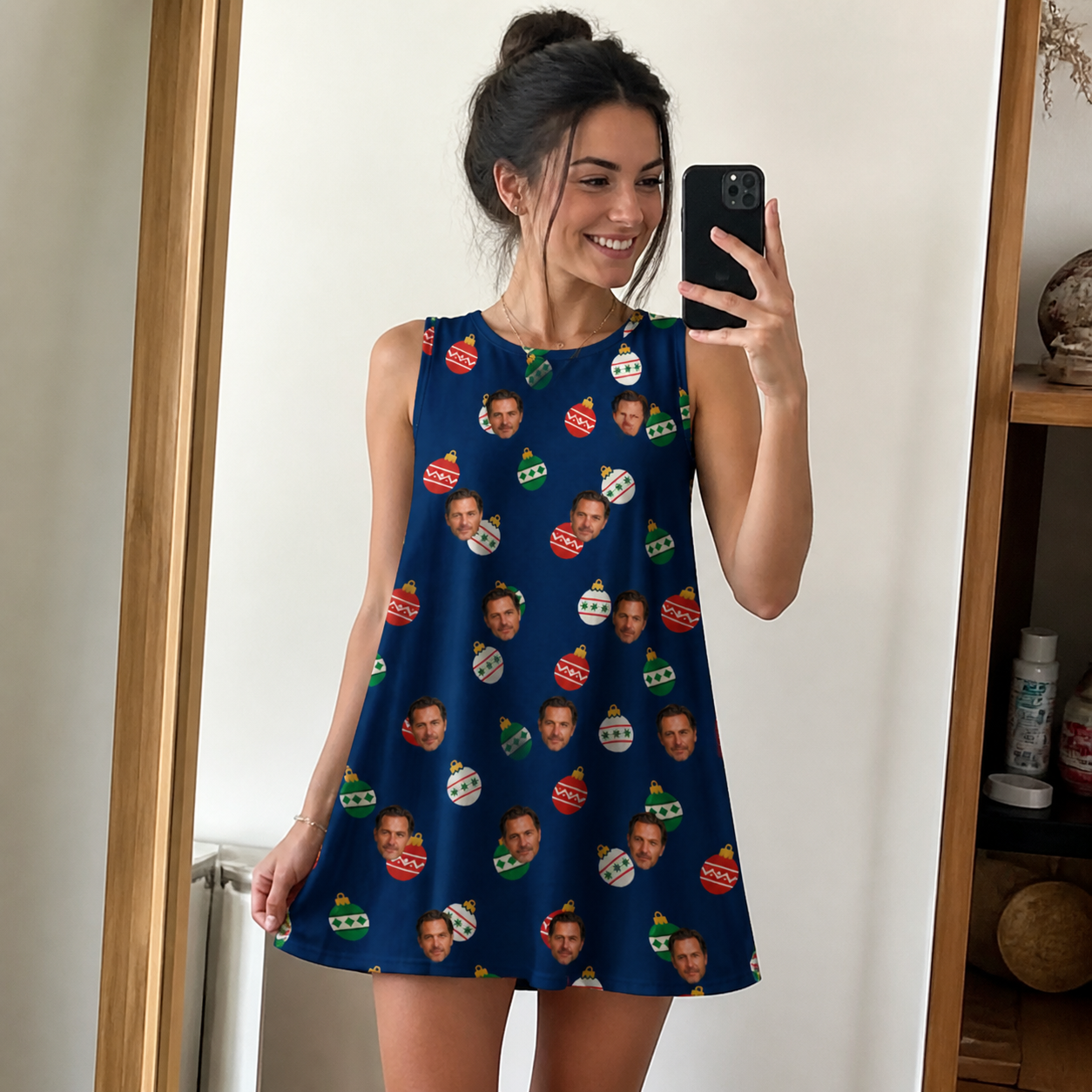 Real-life photo of someone wearing Women's December Dangles Custom Face Tank Dress — custom faces printed all-over
