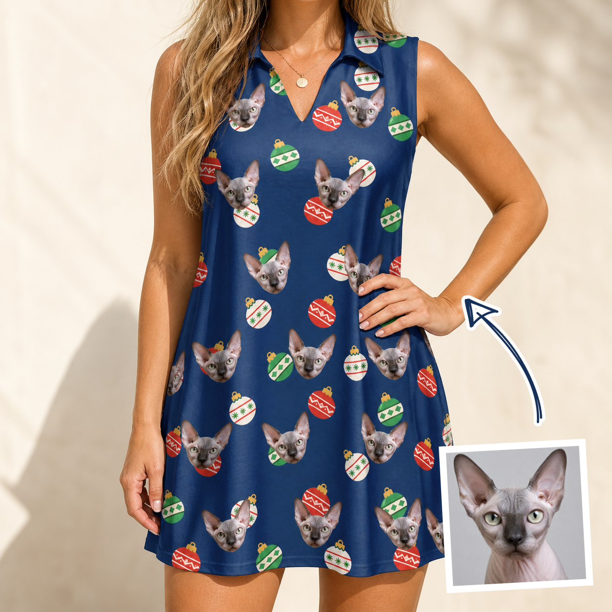 Woman wearing Women's December Dangles Custom Cat Face V-Neck Dress — custom faces printed all-over