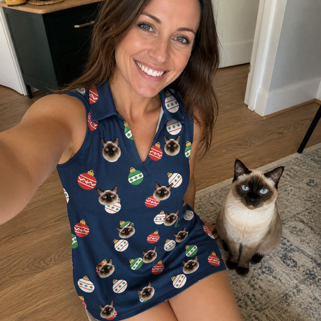 Selfie with the pet whose face is printed all over this Women's December Dangles Custom Cat Face V-Neck Dress