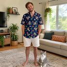 Full-length photo with the pet printed all over this Men's December Dangles Custom Cat Face Hawaiian Shirt