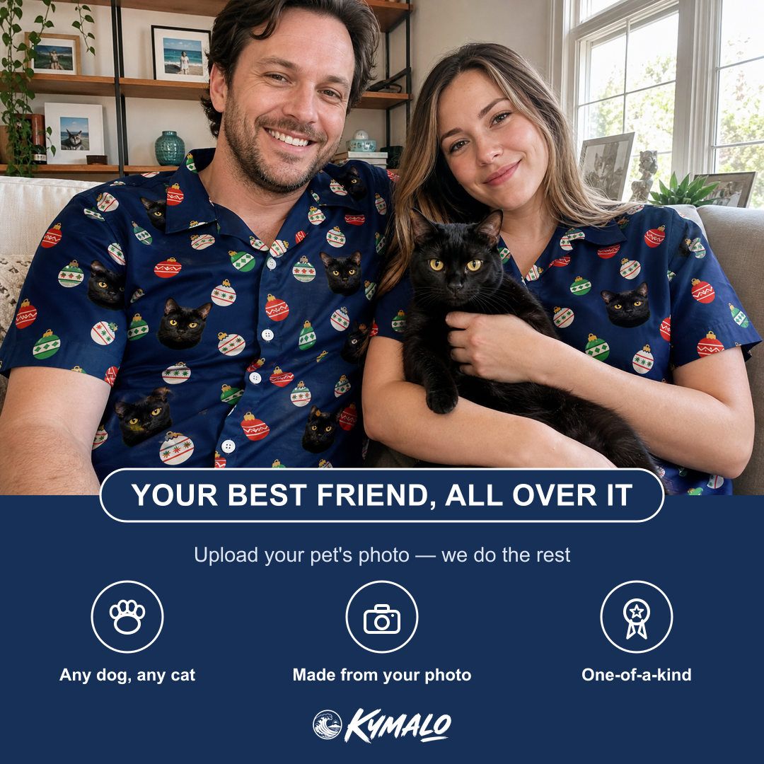 Friends in matching Men's December Dangles Custom Cat Face Hawaiian Shirt — a group gift photo