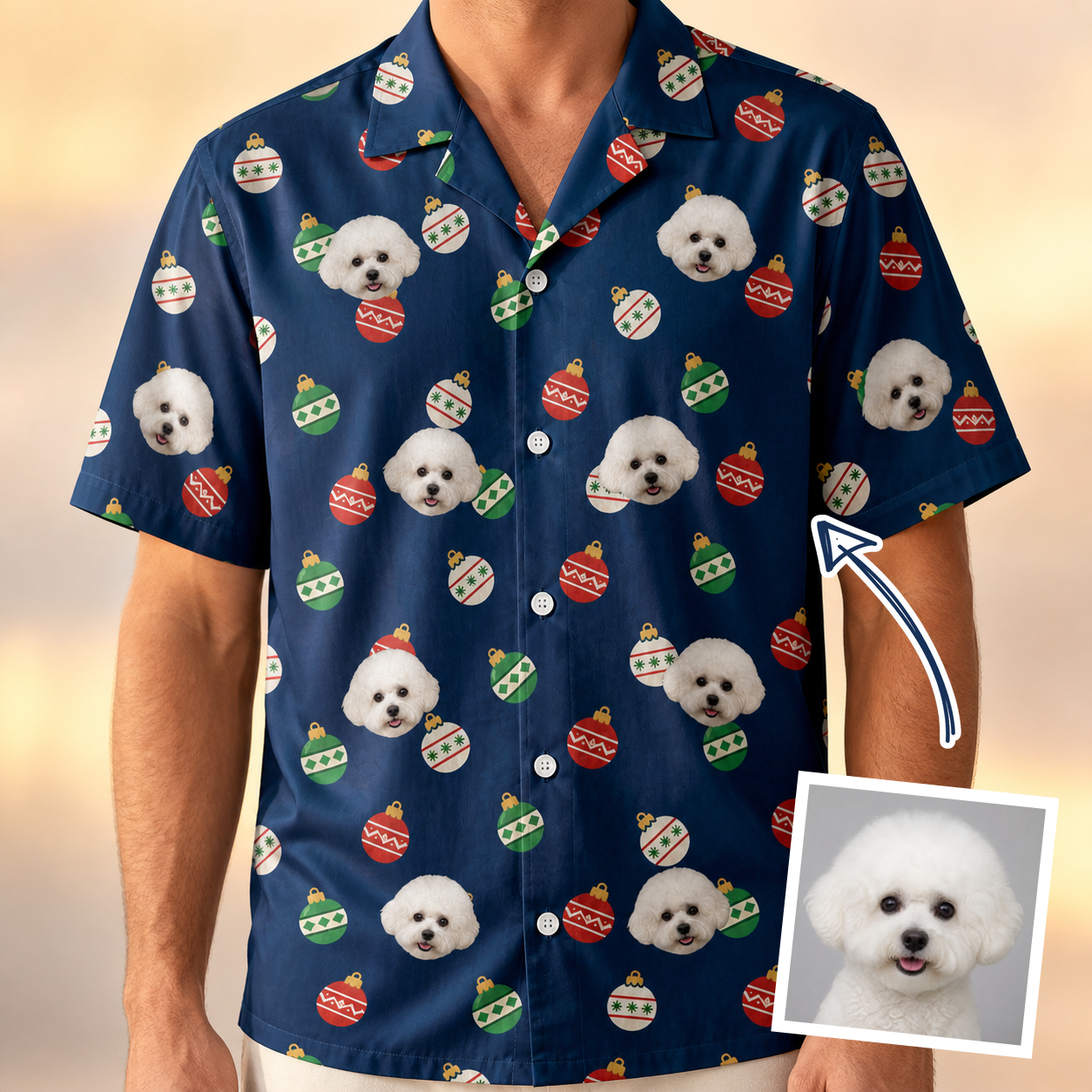 Man wearing Men's December Dangles Custom Dog Face Hawaiian Shirt — custom faces printed all-over