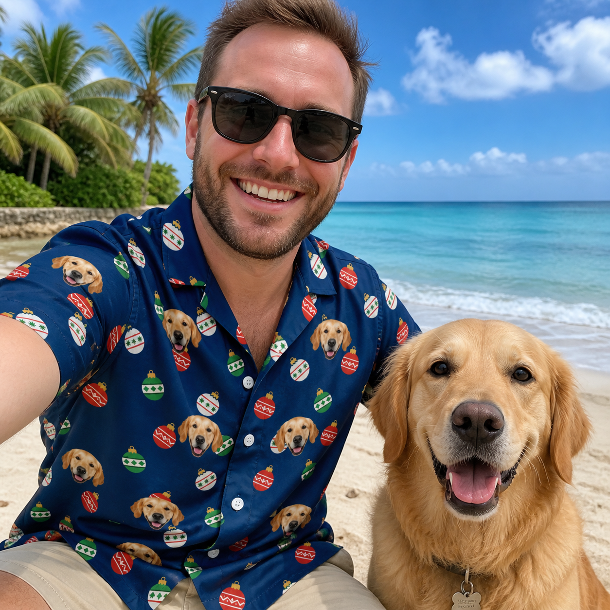 Selfie with the pet whose face is printed all over this Men's December Dangles Custom Dog Face Hawaiian Shirt